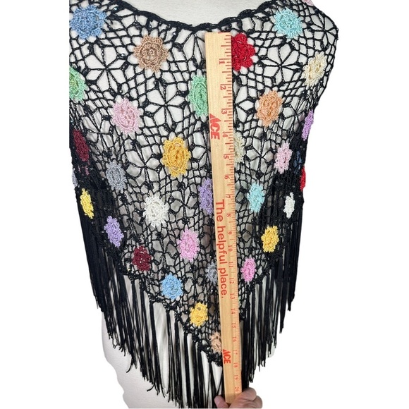 Black Boho Crochet Floral Aurora Borealis Crystal Accent Fringed Poncho - Picture 4 of 7